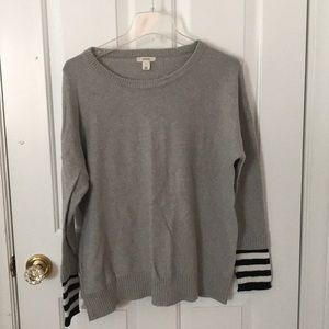 Grey Crewneck Sweater with Black and White Stripes
